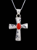 Navajo Sterling Silver Coral Cross Pendant - PuebloDirect.com