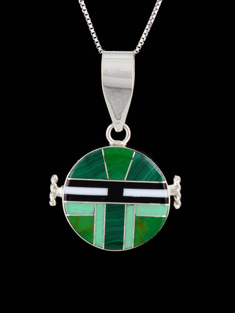 Navajo Reversible Sterling Silver Multistone Inlay Yei Pendant - PuebloDirect.com