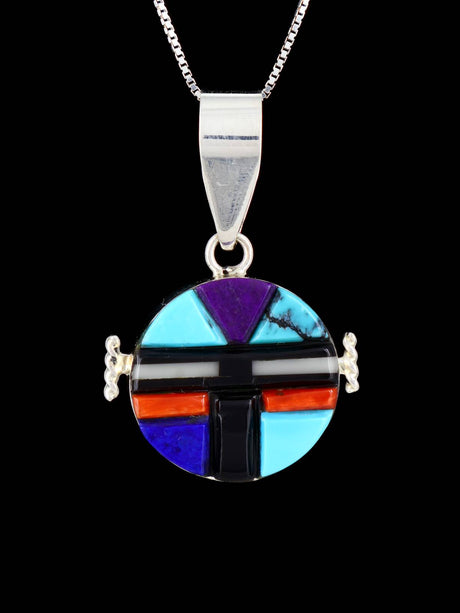 Navajo Reversible Sterling Silver Multistone Inlay Yei Pendant - PuebloDirect.com