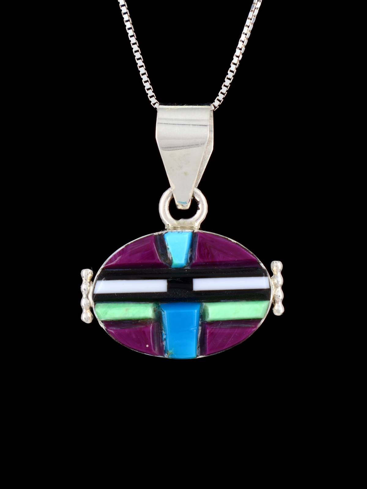 Navajo Reversible Sterling Silver Multistone Inlay Yei Pendant - PuebloDirect.com
