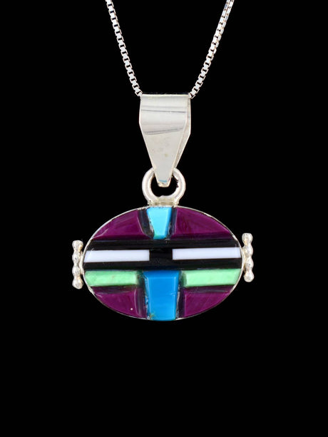 Navajo Reversible Sterling Silver Multistone Inlay Yei Pendant - PuebloDirect.com