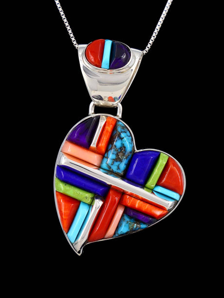 Estate Navajo Cobblestone Inlay Multistone Sterling Silver Heart Pendant - PuebloDirect.com