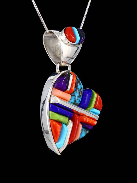 Estate Navajo Cobblestone Inlay Multistone Sterling Silver Heart Pendant - PuebloDirect.com