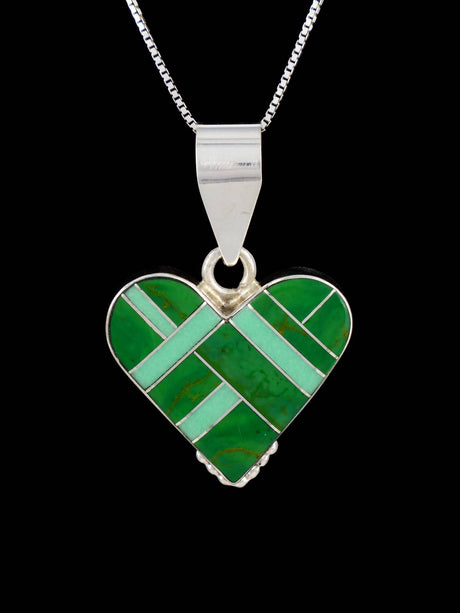 Navajo Sterling Silver Malachite Heart Inlay Pendant - PuebloDirect.com