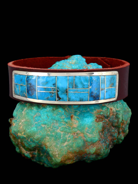 Native American Inlay Turquoise Leather Bracelet - PuebloDirect.com