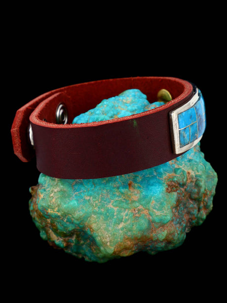 Native American Inlay Turquoise Leather Bracelet - PuebloDirect.com