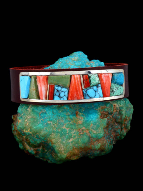 Native American Inlay Turquoise and Spiny Oyster Leather Bracelet - PuebloDirect.com
