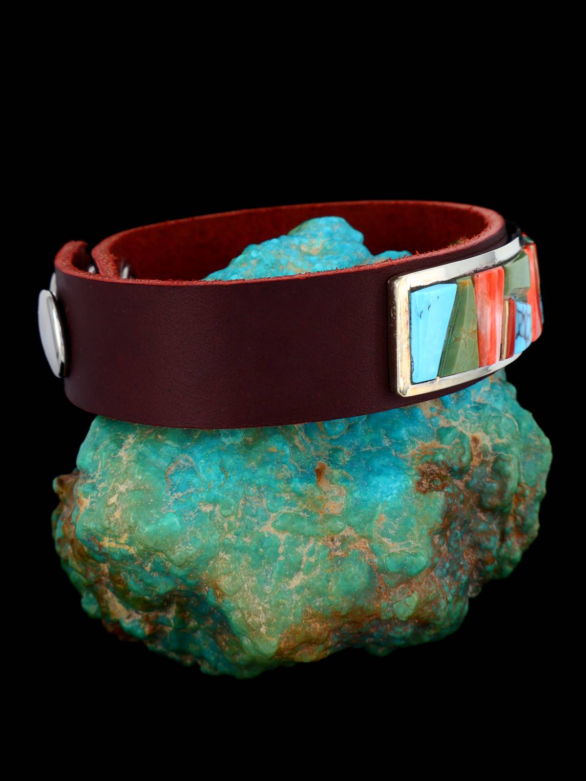 Native American Inlay Turquoise and Spiny Oyster Leather Bracelet - PuebloDirect.com
