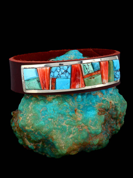 Native American Inlay Turquoise and Spiny Oyster Leather Bracelet - PuebloDirect.com