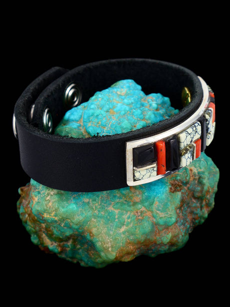 Native American Inlay Variscite and Black Jet Leather Bracelet - PuebloDirect.com