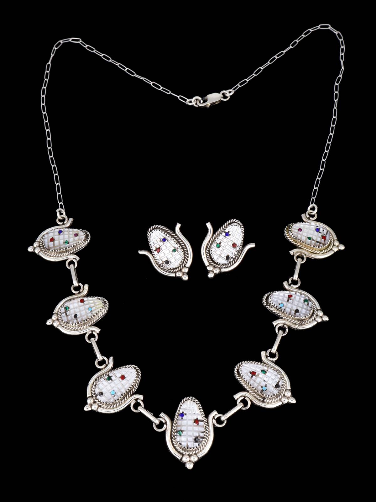 Mother of Pearl Sterling Silver Zuni Corn Necklace and Earrings Set - PuebloDirect.com