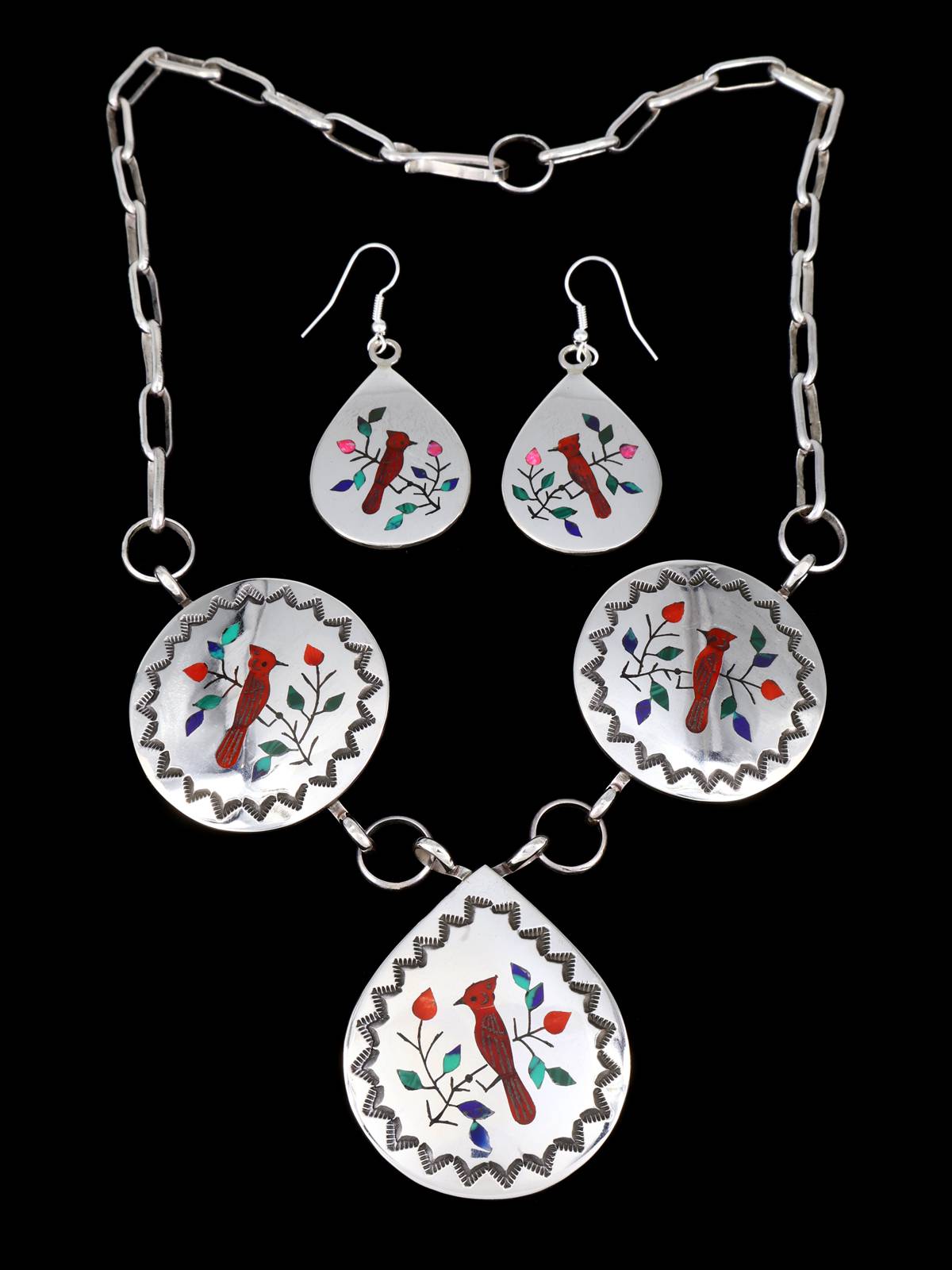 Native American Sterling Silver Inlay Red Cardinal Bird Necklace