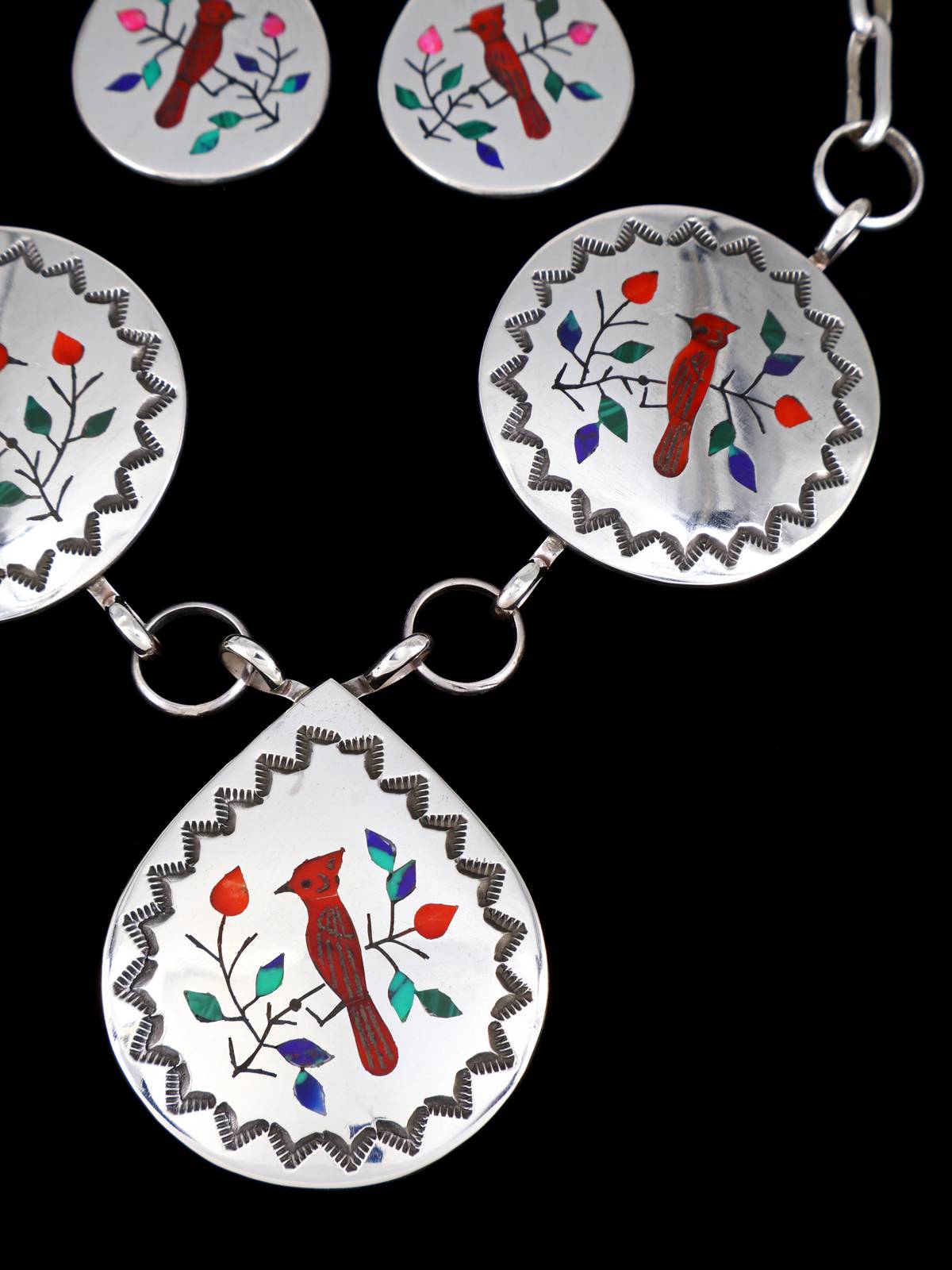 Native American Sterling Silver Inlay Red Cardinal Bird Necklace