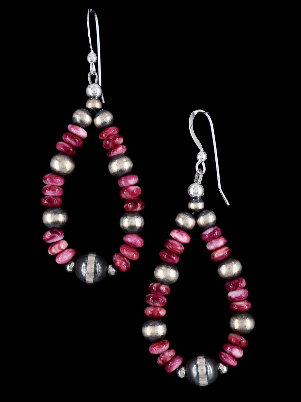 Navajo Spiny Oyster and Sterling Silver Beaded Dangle Earrings - PuebloDirect.com