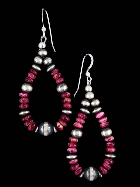 Navajo Spiny Oyster and Sterling Silver Beaded Dangle Earrings - PuebloDirect.com