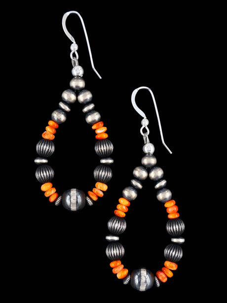 Navajo Spiny Oyster and Sterling Silver Beaded Dangle Earrings - PuebloDirect.com