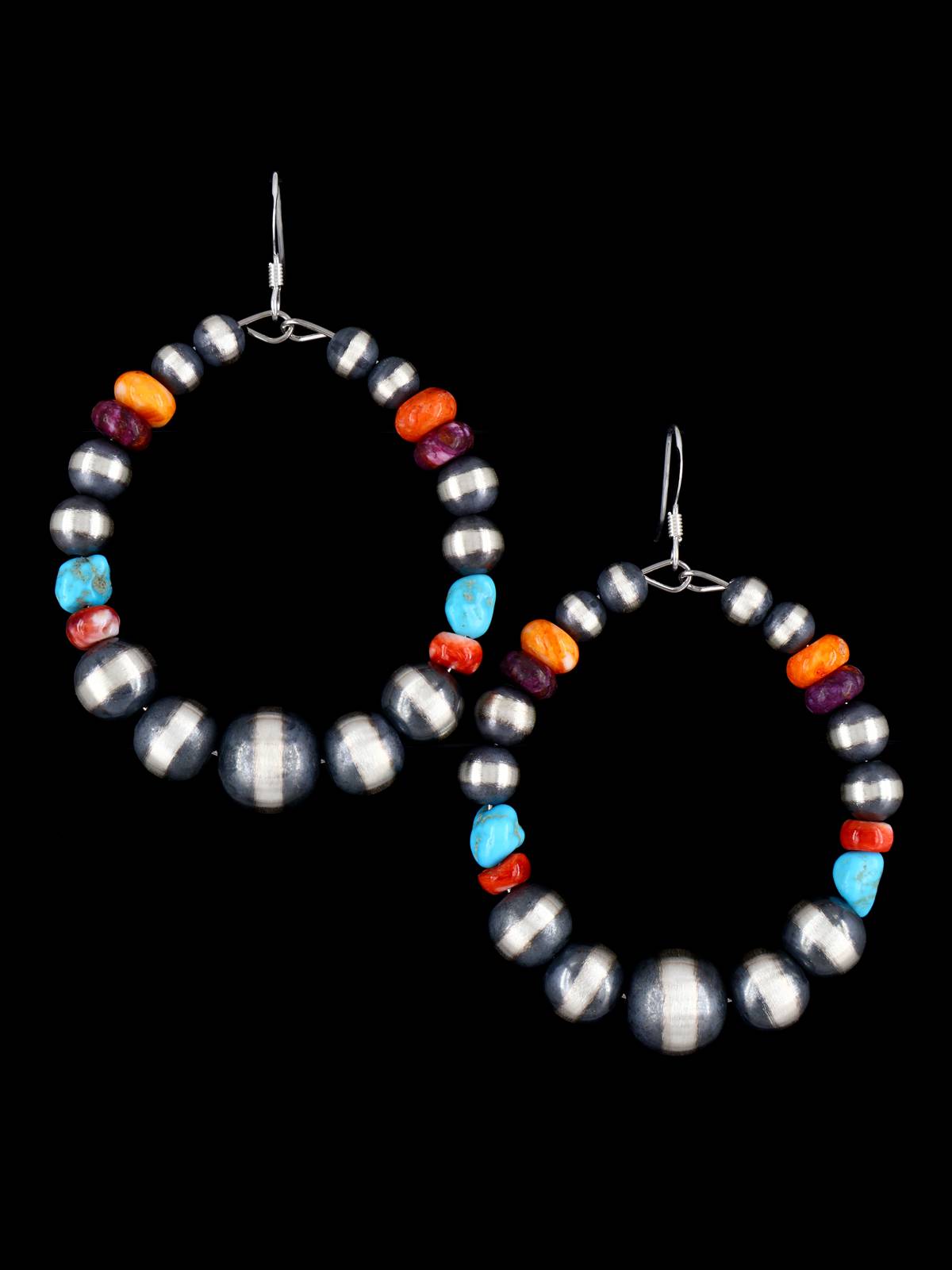 Navajo Multistone Sterling Silver Beaded Dangle Earrings - PuebloDirect.com