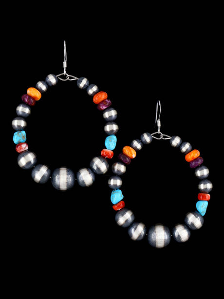Navajo Multistone Sterling Silver Beaded Dangle Earrings - PuebloDirect.com