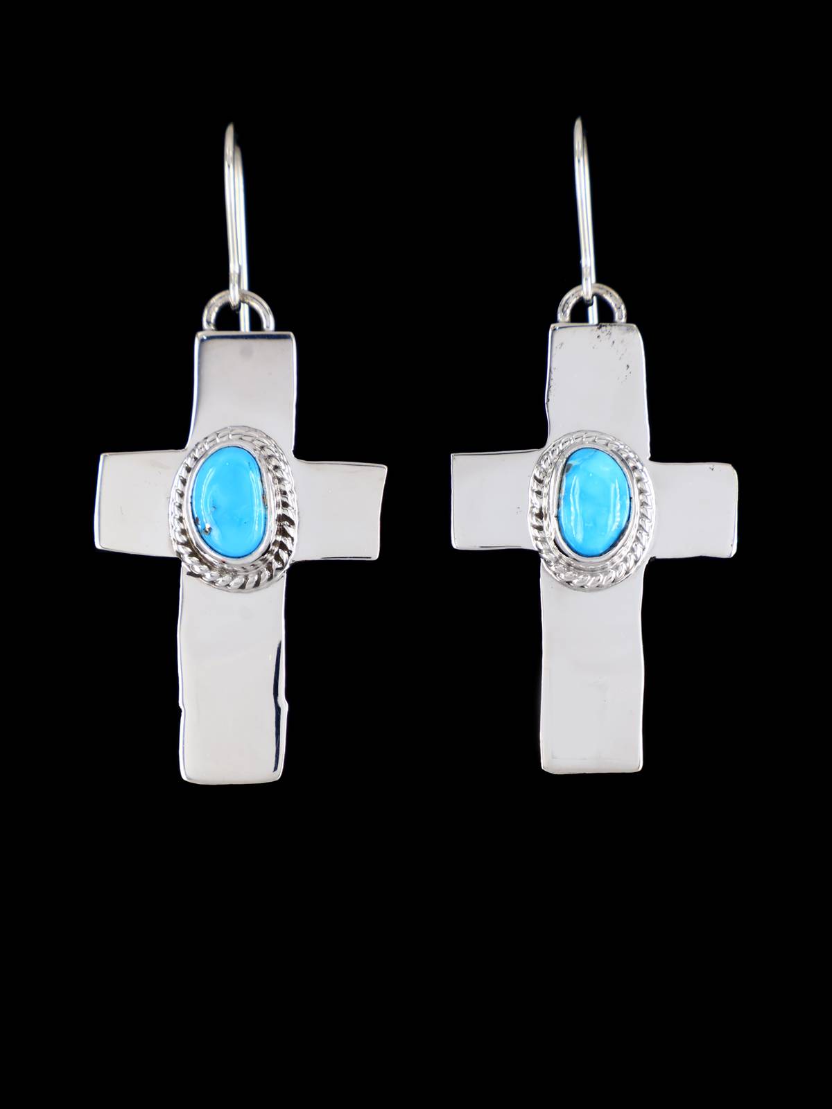 Navajo Sterling Silver Kingman Turquoise Dangle Cross Earrings - PuebloDirect.com