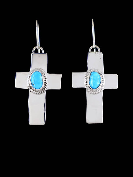 Navajo Sterling Silver Kingman Turquoise Dangle Cross Earrings - PuebloDirect.com