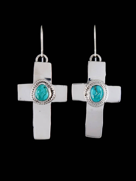 Navajo Sterling Silver Kingman Turquoise Dangle Cross Earrings - PuebloDirect.com