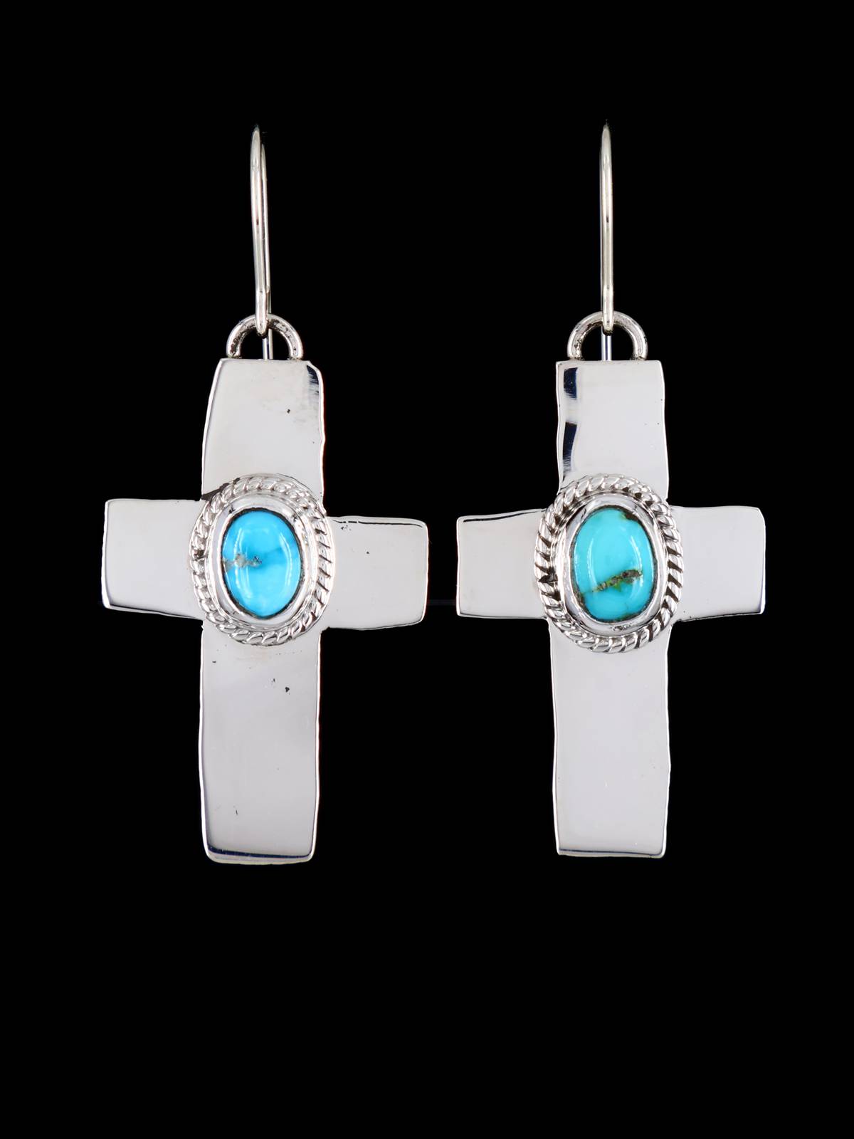 Navajo Sterling Silver Kingman Turquoise Dangle Cross Earrings - PuebloDirect.com
