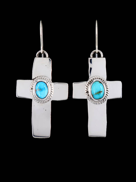 Navajo Sterling Silver Kingman Turquoise Dangle Cross Earrings - PuebloDirect.com