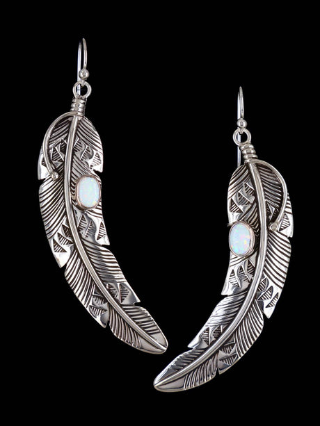 Native American Opal Dangle Feather Earrings - PuebloDirect.com