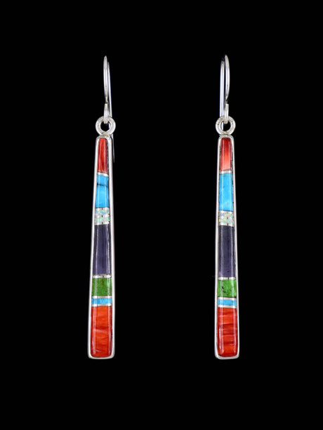 Navajo Multistone Sterling Silver Inlay Dangle Earrings - PuebloDirect.com
