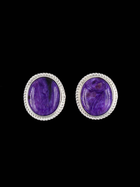 Navajo Sterling Silver Charoite Post Earrings - PuebloDirect.com