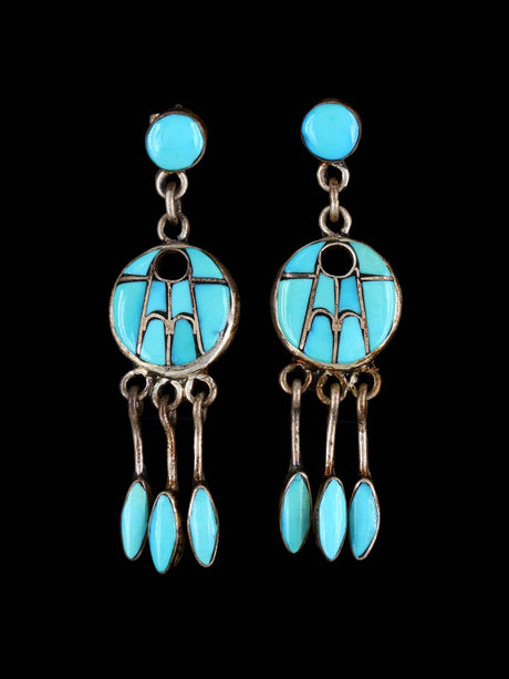 Vintage Native American Turquoise Zuni Inlay Post Dangle Earrings - PuebloDirect.com
