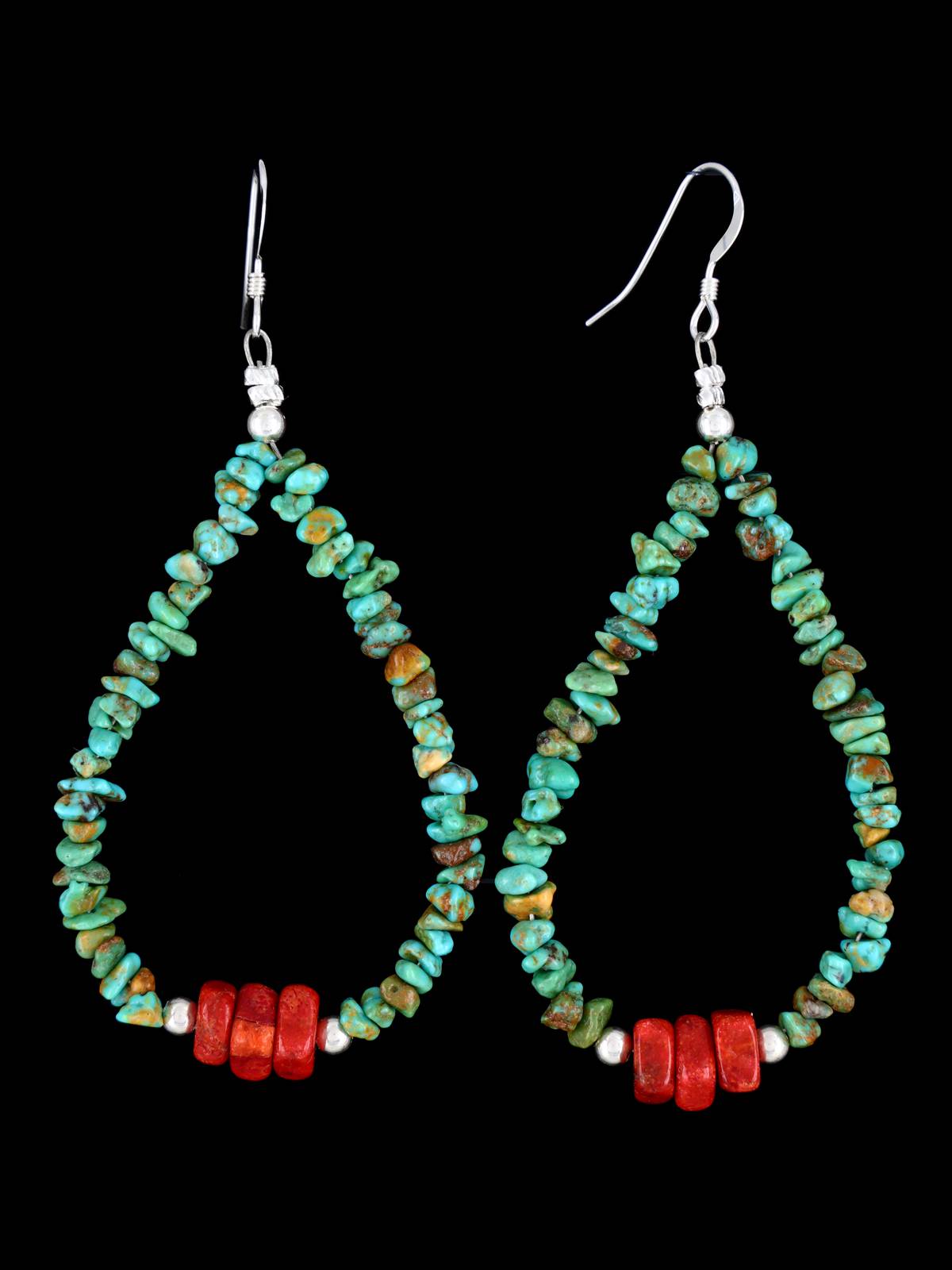 Navajo Turquoise and Coral Beaded Dangle Earrings - PuebloDirect.com