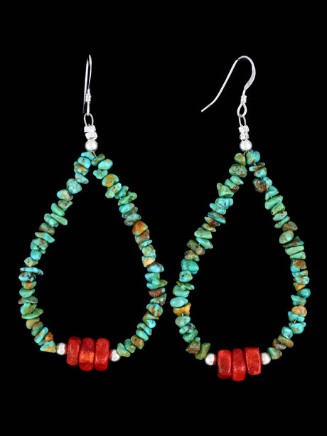 Navajo Turquoise and Coral Beaded Dangle Earrings - PuebloDirect.com
