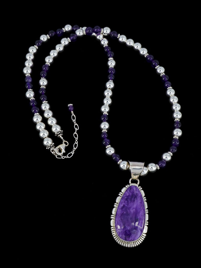Native American Sterling Silver Charoite Beaded Necklace - PuebloDirect.com