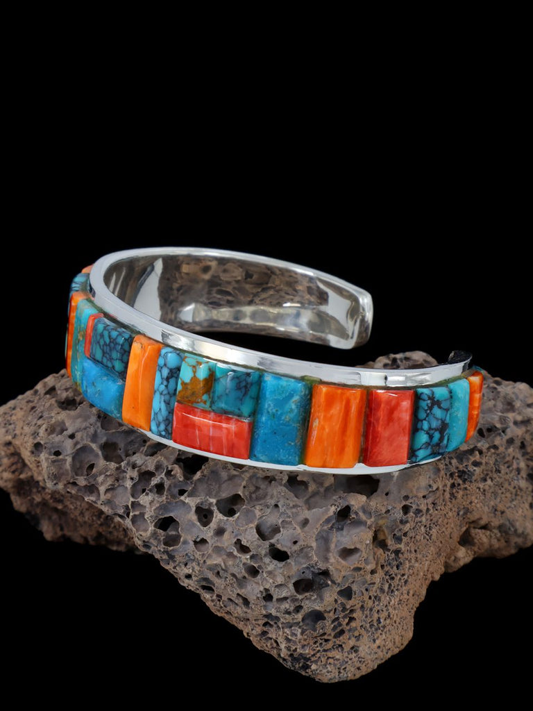 Navajo Turquoise and Spiny Oyster Sterling Silver Mosaic Cuff Bracelet - PuebloDirect.com