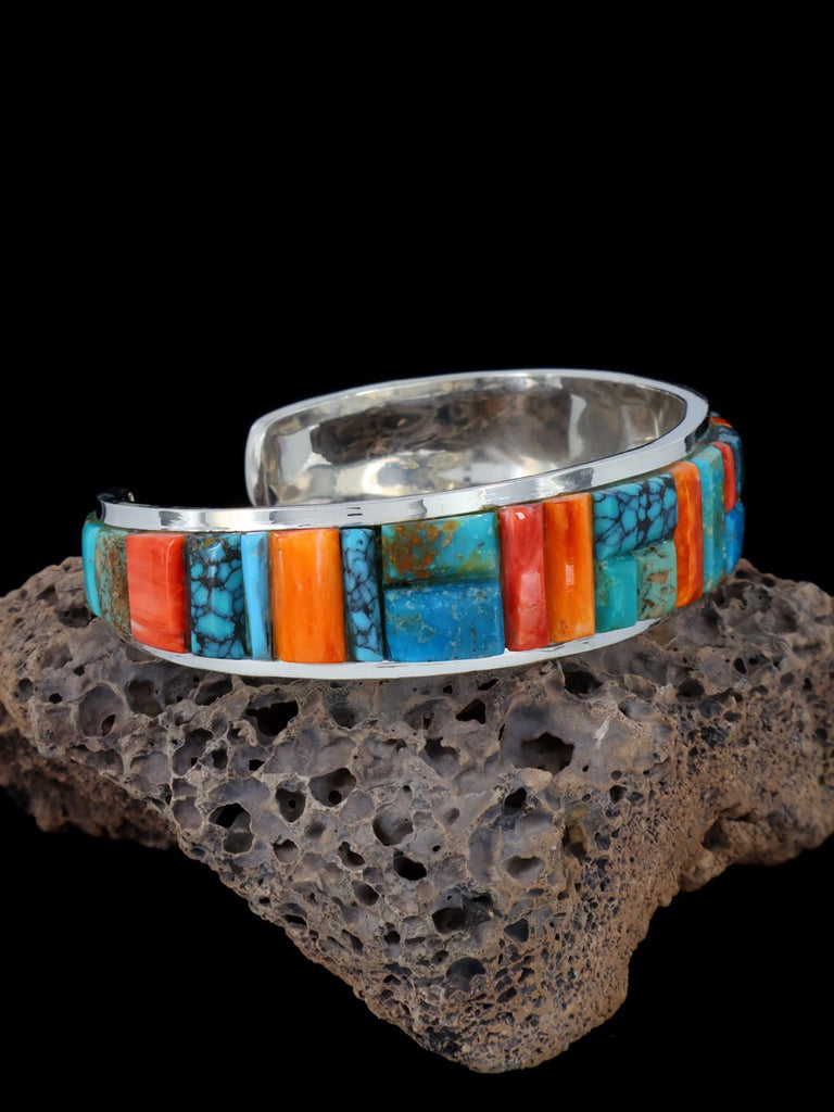 Navajo Turquoise and Spiny Oyster Sterling Silver Mosaic Cuff Bracelet - PuebloDirect.com