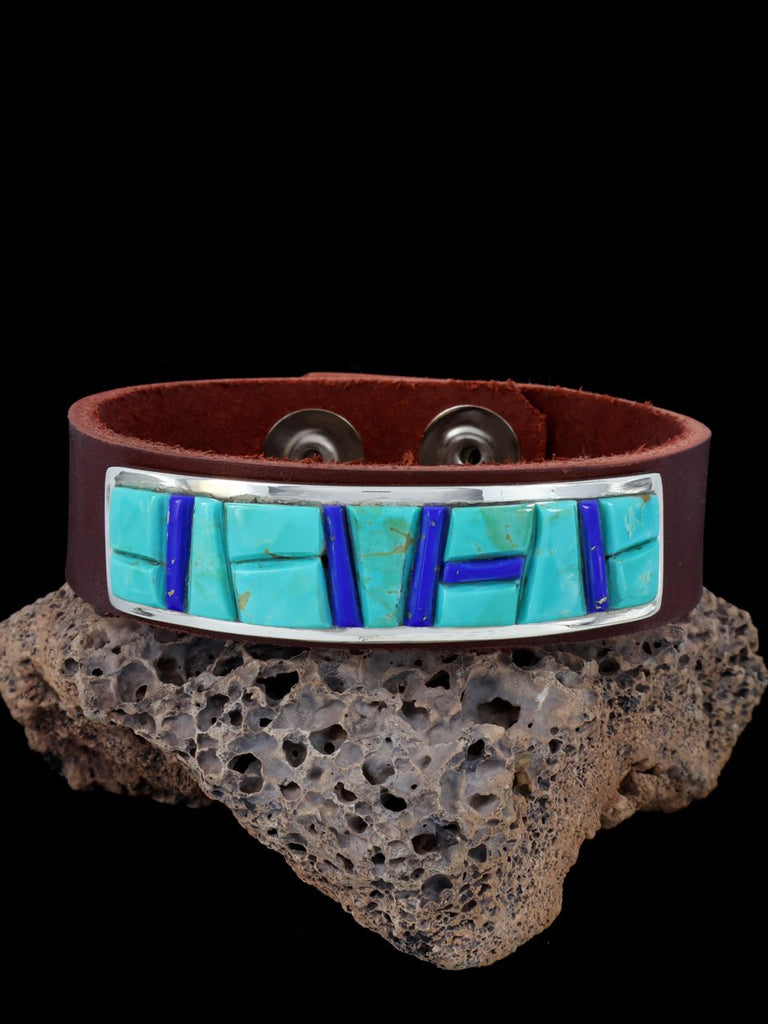 Native American Inlay Turquoise and Lapis Leather Bracelet - PuebloDirect.com