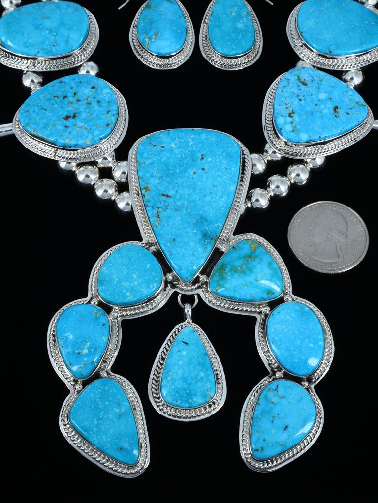 Native American Sterling Silver Kingman Turquoise Squash Blossom Necklace Set - PuebloDirect.com