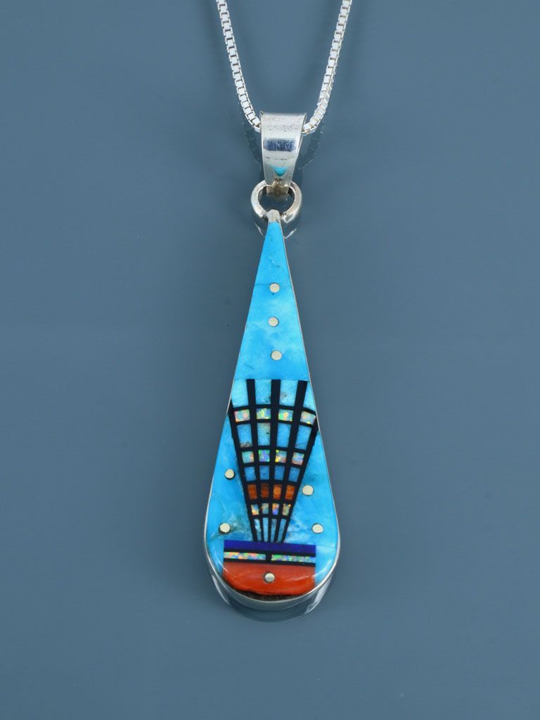 Navajo Sterling Silver Turquoise Inlay Yei Pendant - PuebloDirect.com