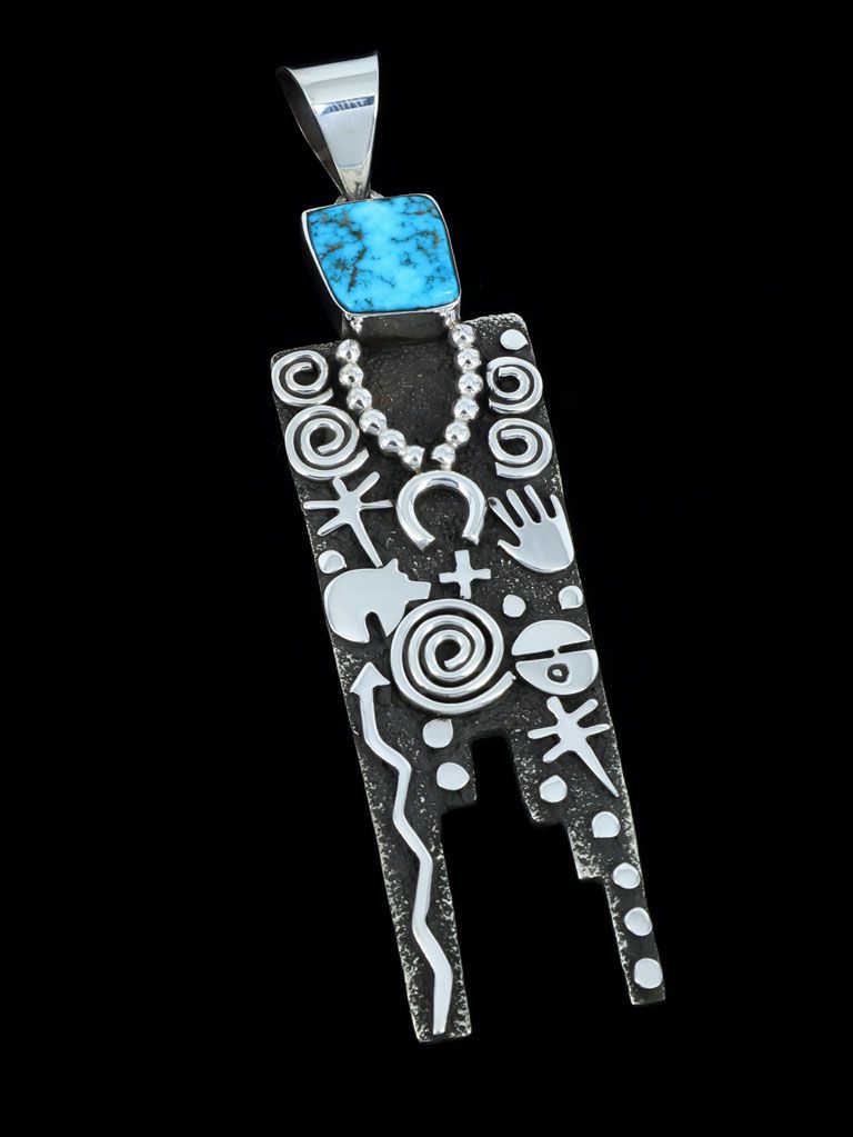 Navajo Sterling Silver and Kingman Turquoise Petroglyph Pendant - PuebloDirect.com