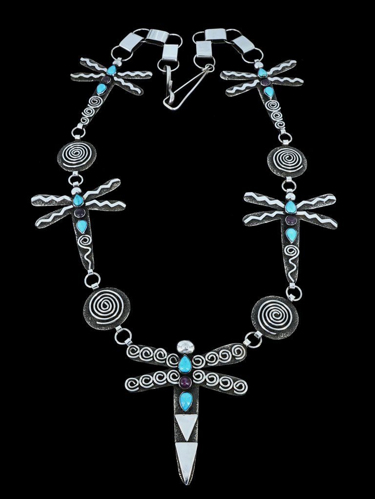 Native American Sterling Silver Turquoise and Sugilite Dragonfly Petroglyph Link Necklace - PuebloDirect.com