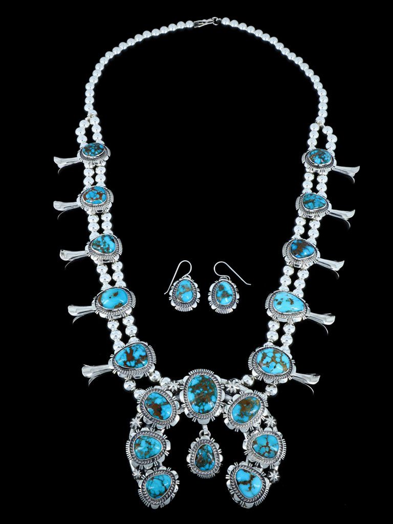 Native American Jewelry Lone Mountain Turquoise Squash Blossom Necklace and Earrings Set - PuebloDirect.com