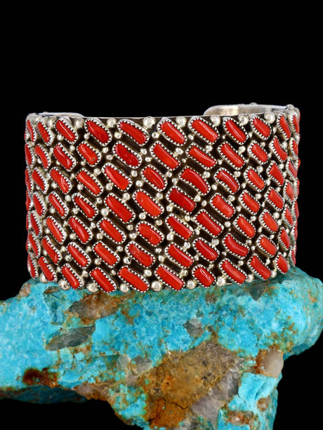 Navajo Natural Coral Cluster Sterling Silver Cuff Bracelet - PuebloDirect.com