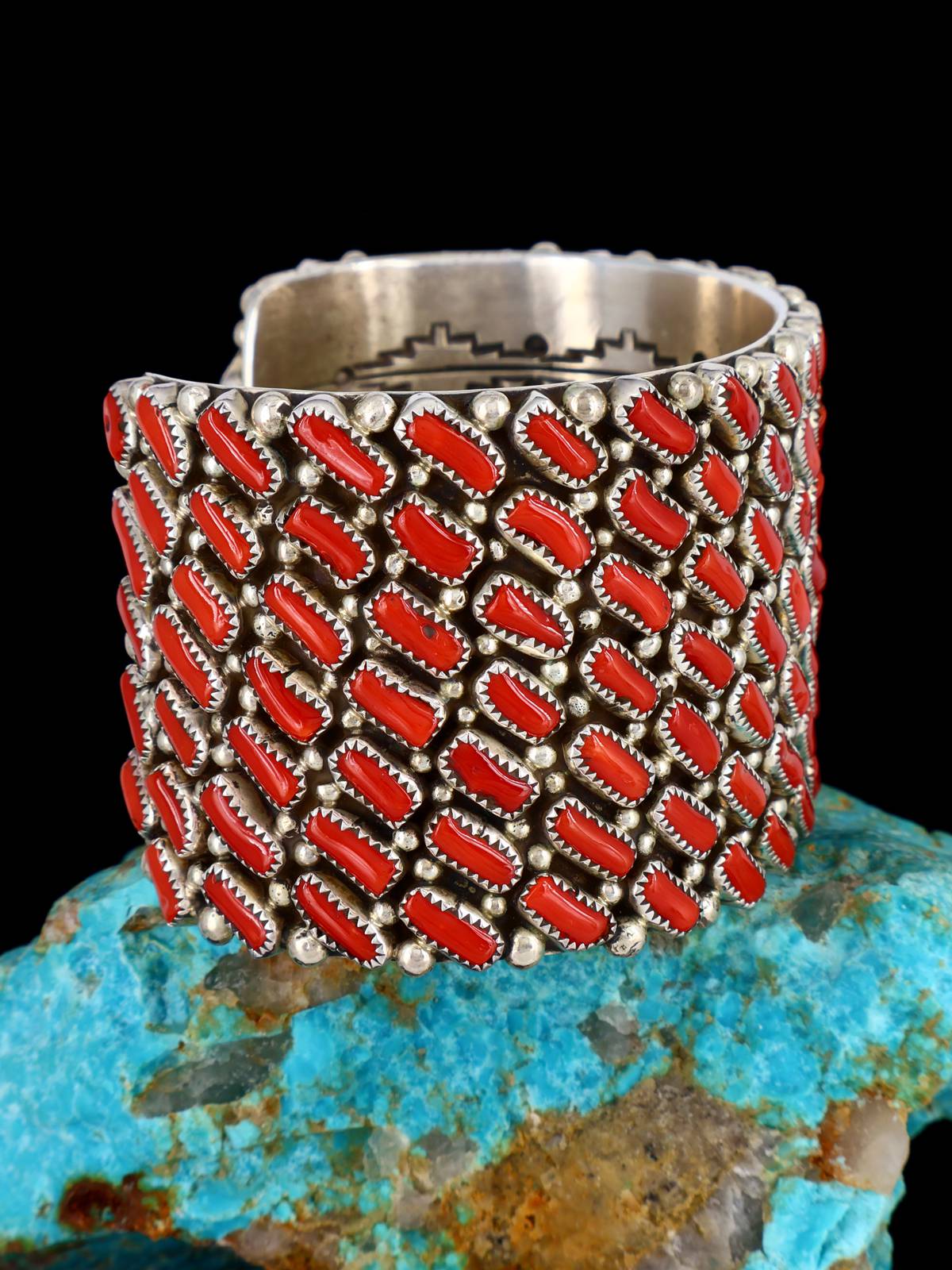 Navajo Natural Coral Cluster Sterling Silver Cuff Bracelet - PuebloDirect.com