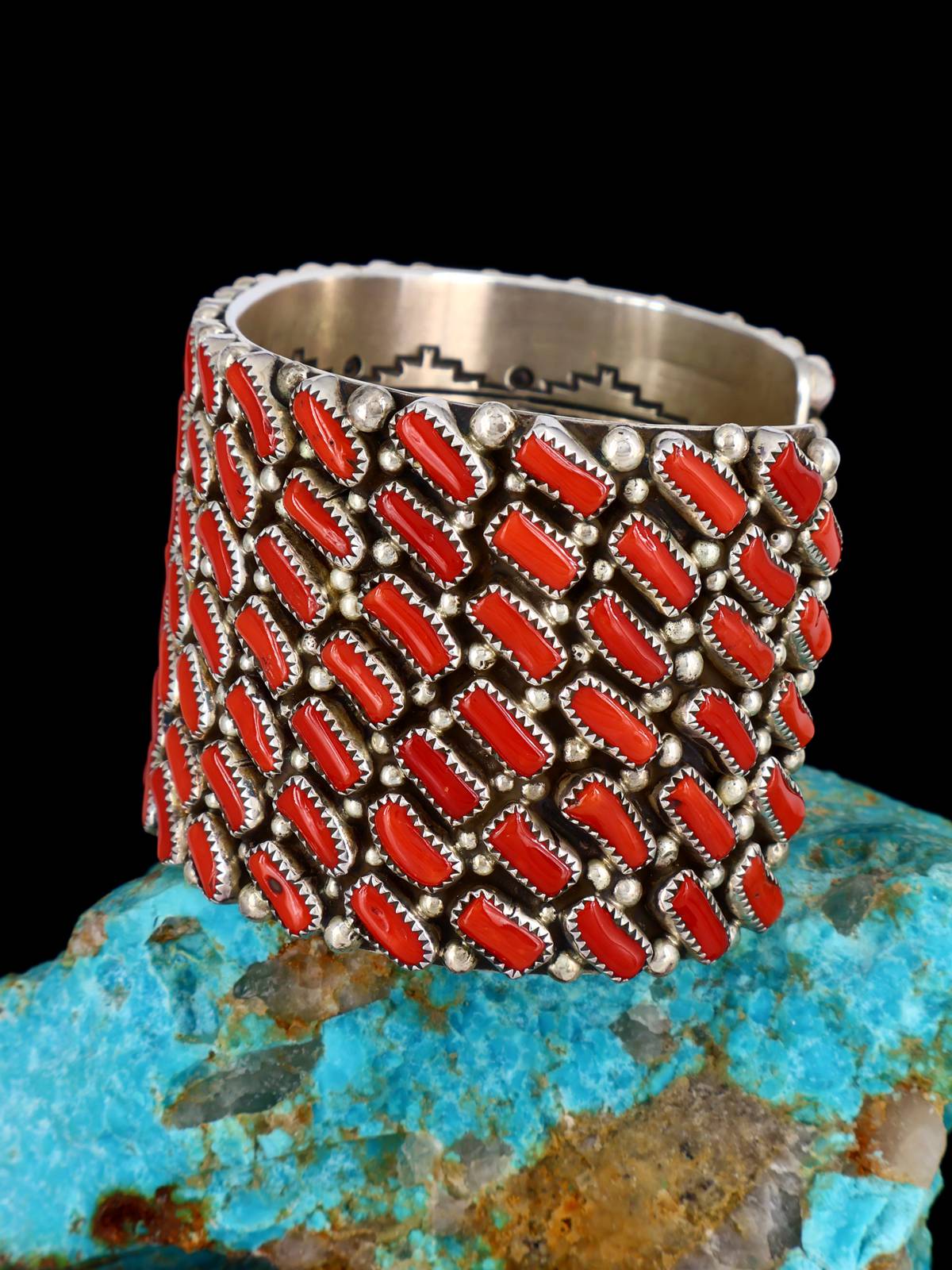 Navajo Natural Coral Cluster Sterling Silver Cuff Bracelet - PuebloDirect.com