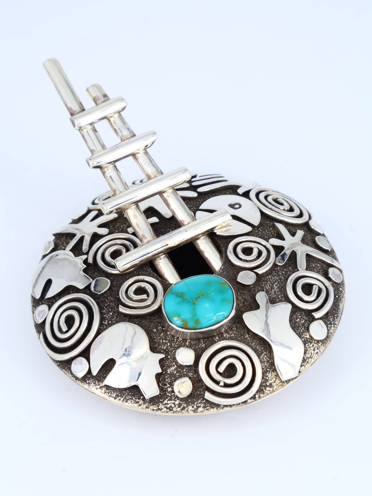 Navajo Turquoise Sterling Silver Petroglyph Seed Pot with Ladder - PuebloDirect.com