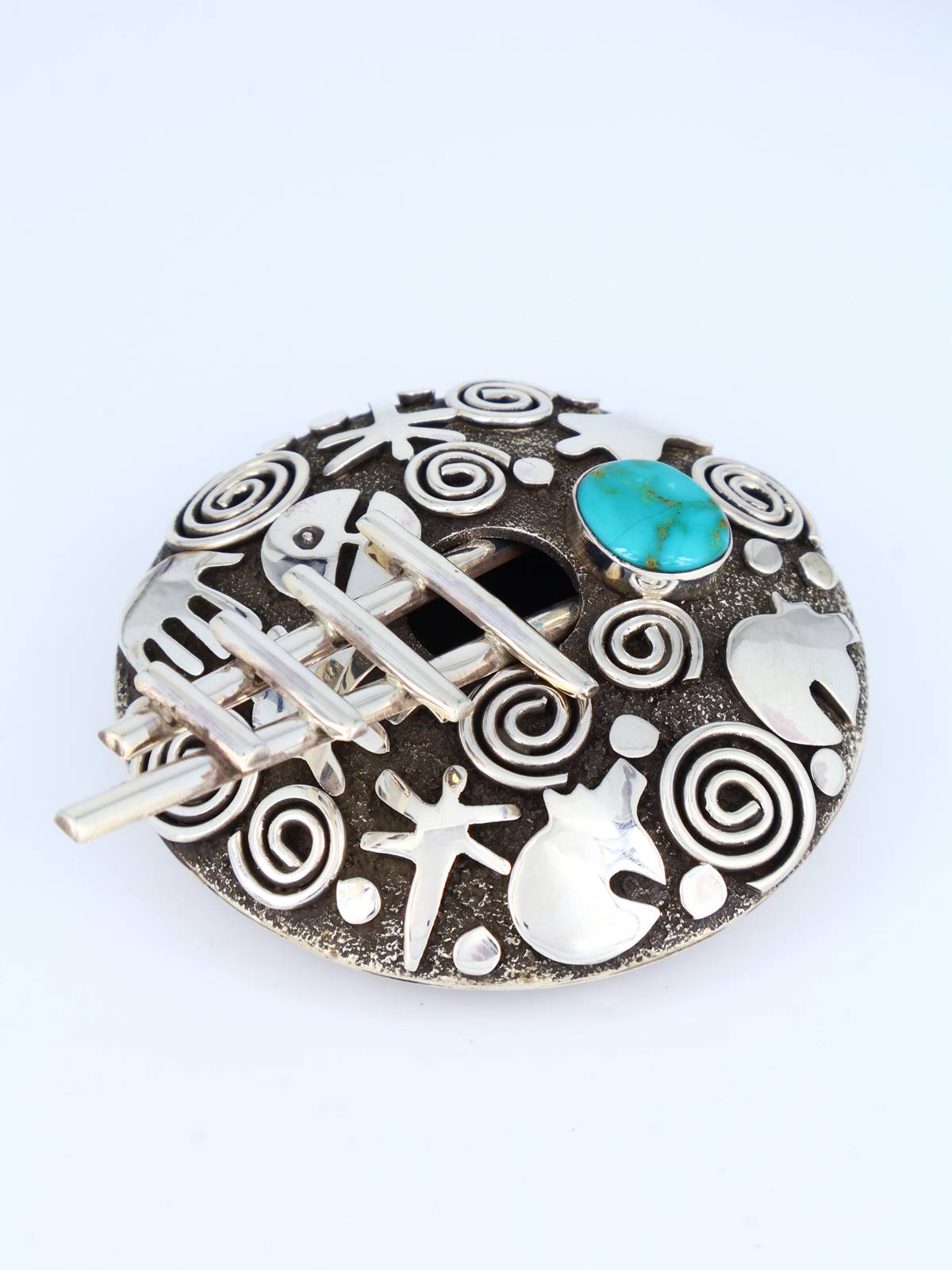 Navajo Turquoise Sterling Silver Petroglyph Seed Pot with Ladder - PuebloDirect.com