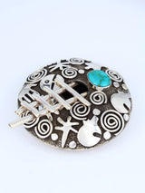 Navajo Turquoise Sterling Silver Petroglyph Seed Pot with Ladder - PuebloDirect.com