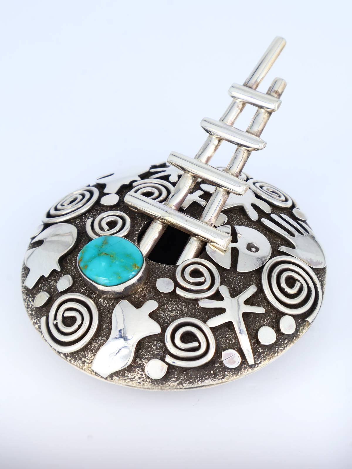 Navajo Turquoise Sterling Silver Petroglyph Seed Pot with Ladder - PuebloDirect.com