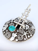 Navajo Turquoise Sterling Silver Petroglyph Seed Pot with Ladder - PuebloDirect.com